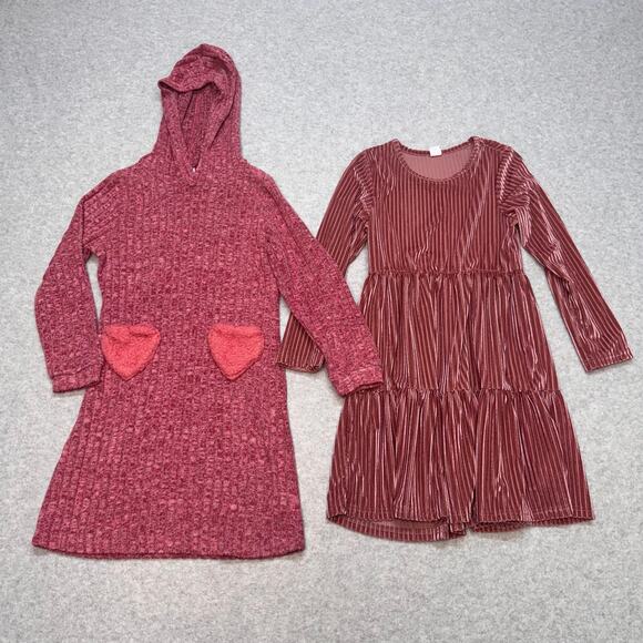 Shein Dress Bundle of 2 Girls 7Y Dusty Rose Ribbed Pullover Long Sleeve Velvet - Picture 1 of 8